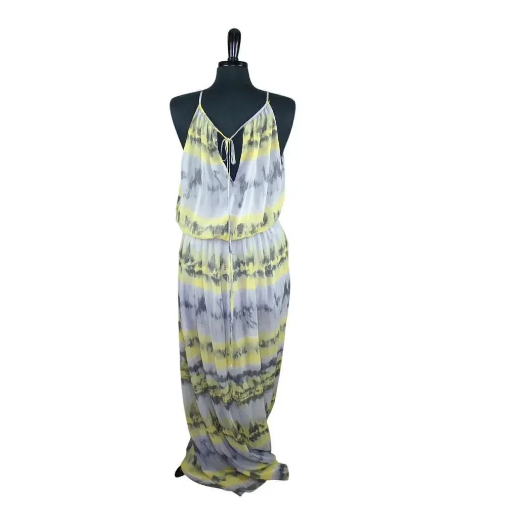 Betsey Johnson Maxi Dress Blouson Halter Gray Yellow Layered Beach 10